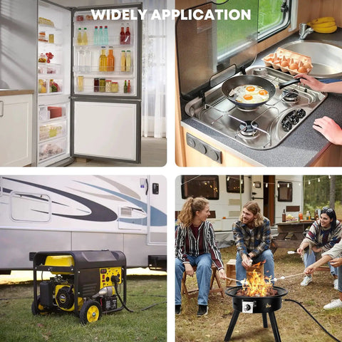 Two Stage Auto Changeover Propane Regulator For Campers RVs And Trailers used with fridge, stove, generator, and campfire