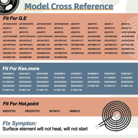 Model compatibility chart for 13 Pack Black Porcelain Burner Drip Pan Set For GE Hotpoint Kenmore Electric Ranges.