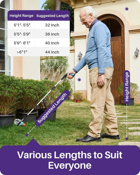 Senior using 36 Inch Foldable Reacher Tool For Seniors With Anti Slip 360 Degree Rotating Jaw And Magnet 4 Inch Wide Extended Claw Grabber Pickup Stick For Disabled And After Surgery Recovery Easy Storage On Walker Or Wheelchair in garden.
