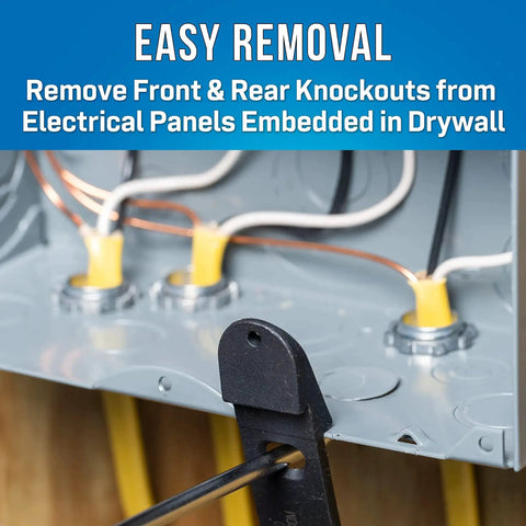 Panel Buddy Knockout Set For Front And Rear Knockouts Easy Removal From Electrical Panels Embedded In Drywall tool in use