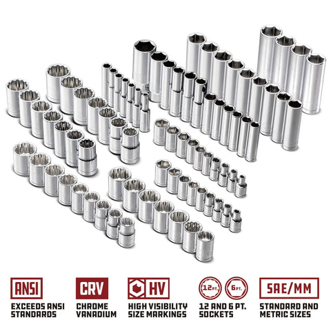 Heavy-Duty 200 Piece Mechanic Tool Set With 1/4, 3/8, And 1/2 Inch Drive Sockets, SAE And Metric, chrome sockets displayed