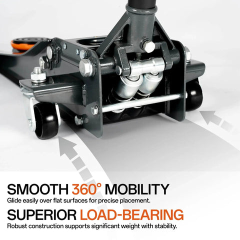 Close-up of Low Profile 3 Ton Hydraulic Floor Jack With Dual Pistons And Quick Lift, focusing on dual pistons and mobility features.