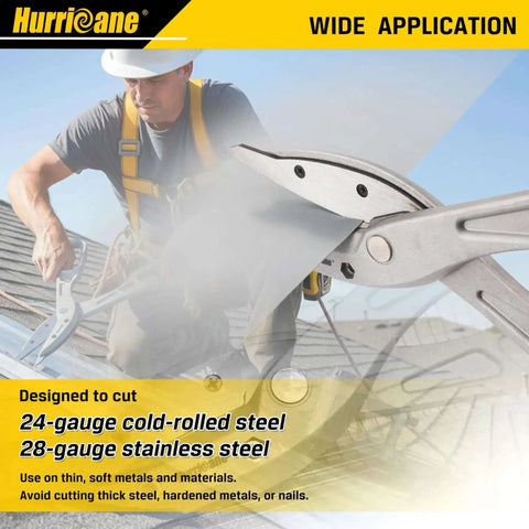 Worker using lightweight aluminum tin snips with replaceable blades for HVAC sheet metal and vinyl siding, cutting steel.