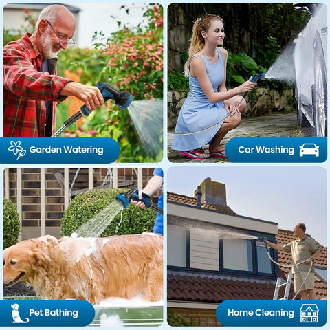 Garden Hose 100ft with metal nozzle and leak-proof connectors watering a garden

Garden Hose 100ft with 10-function nozzle for car washing; metal hose

Garden Hose 100ft for pet bathing; kink-free metal hose with leak-proof connectors

Garden Hose 100ft for home cleaning; metal hose on exterior washing from ladder