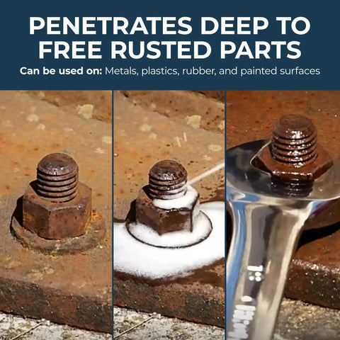 Penetrating Oil 34 Oz Multipurpose Lubricant And Rust Remover loosens rusted bolts in a step-by-step process on metal surface