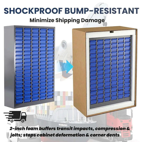 100 Drawer Parts Cabinet With Shelves And Label Stickers Bolt And Nut Organizer For Garage Or Shop Pro Grade Steel Tool Storage Cabinet For Small Parts And Hardware Organization, shown in shipping packaging with shockproof features.