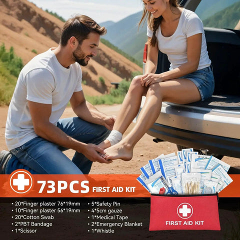 Woman using first aid kit from All In One Car Emergency Kit With Portable Air Compressor Jump Cables First Aid Kit And Roadside Safety Tools
