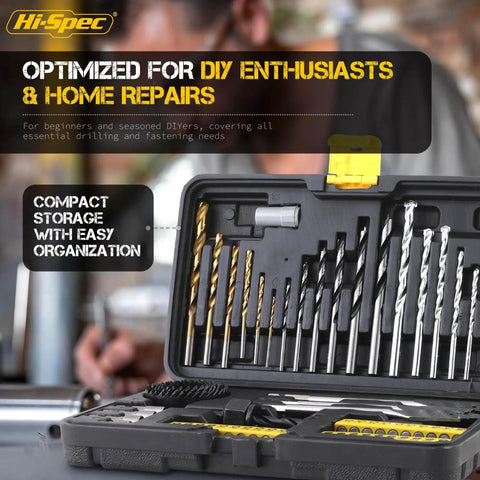63 Piece Drill Bit And Screwdriver Bit Set For Wood Metal Brick And Concrete With HSS Metal Masonry Brad Point Bits And Hole Saws Includes 30Pc 25mm Screwdriver Bits In PH PZ Tor Perfect For DIY Home Renovations And Quick Fixes in open case