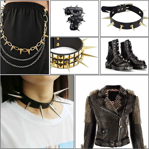40 Sets Spikes and Studs Kit 7x40mm Cone Rivets With Punch Tool For Clothes, featuring leather jackets and accessories with spikes.