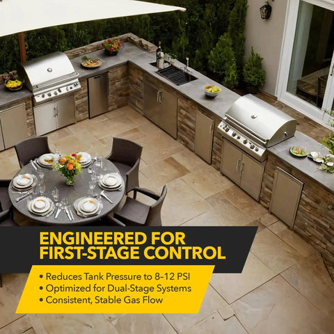 Outdoor kitchen with grills, engineered for first-stage control using Beefy Compact First Stage Propane Regulator With Female POL Inlet
