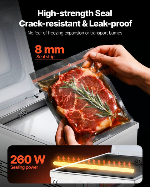 Chamber vacuum sealer for kitchen use, 260 W; vacuum-sealed steak bag with rosemary and 8 mm seal strip.