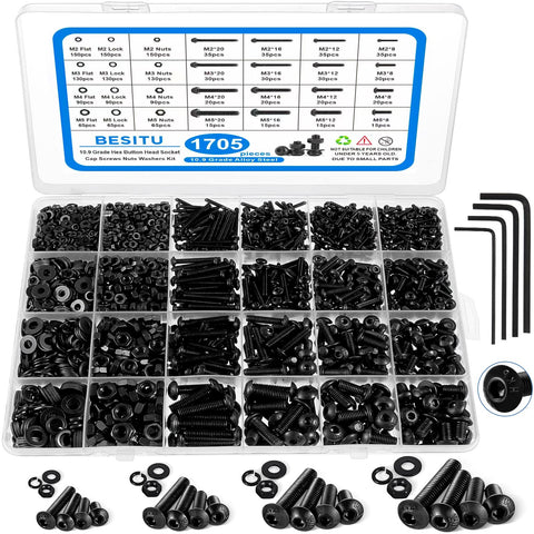 1705 Pcs Machine Screw Kit With M2 M3 M4 M5 Bolts Nuts Lock And Flat Washers Hex Button Head Alloy Steel Cap Screws Grade 10.9 With Allen Wrench For DIY Projects Home Repairs And Auto in clear storage case.