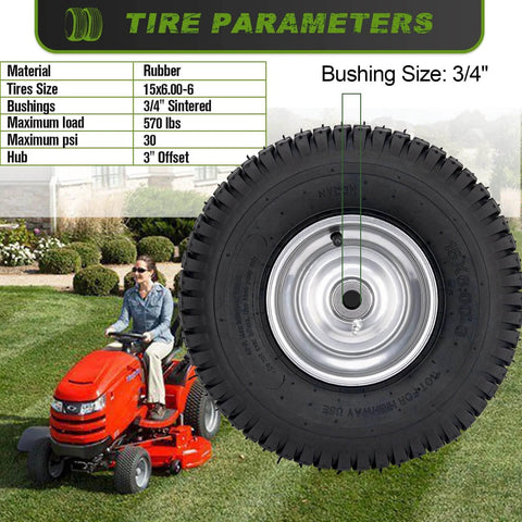 15X6.00-6 Lawn Mower Tire With Wheel Front Tire for Riding Mowers, fits most lawn tractors, image showing tire details and rider