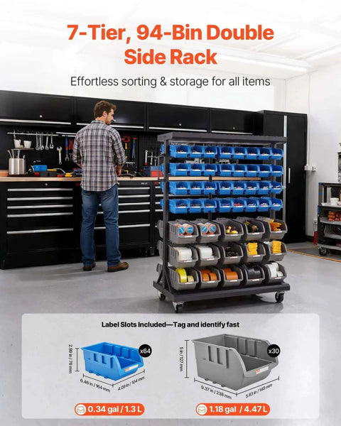 Seven Tier Double Sided Rolling Bin Storage Rack With Ninety Four Plastic Bins On Wheels in a workshop setting