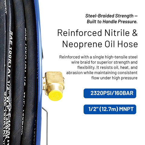 Close-up of Retractable Oil Hose Reel One Half Inch By Fifty Feet Premium Steel Construction label and details.