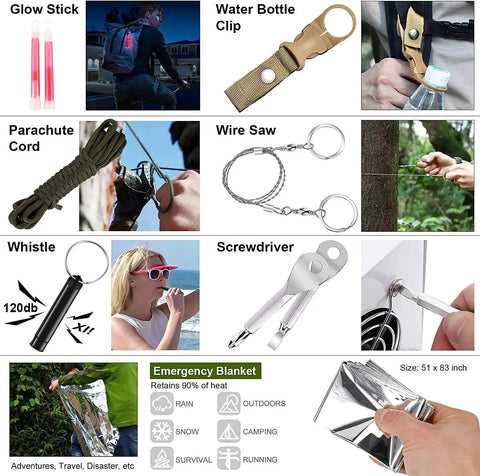 Various survival tools and accessories from the 216 Pcs Survival First Aid Kit With Pro Gear Essentials For SOS Emergencies Hiking Hunting Camping And Disaster Prep Green Case.