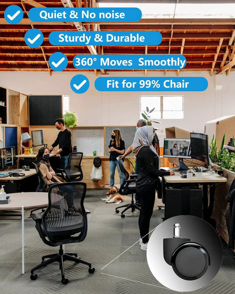 Heavy Duty Office Chair Wheels 5 Pack Replacement For Hardwood Floors And Carpet 2 Inch Universal Stem in office setting.