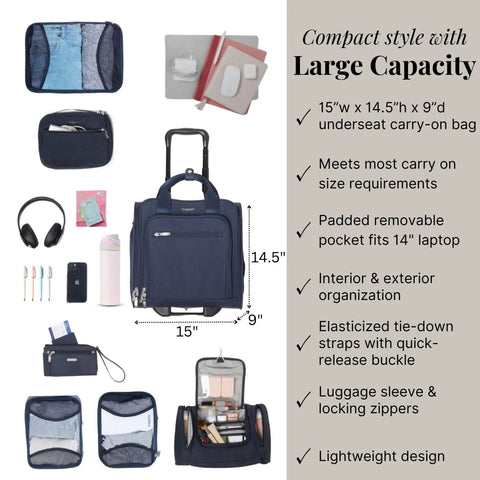Ultra Lightweight 2 Wheel Underseater Carry On Luggage For Air Travel And Weekender Getaways With Telescoping Handle And Built In Luggage Sleeve Carry On Size 15W 14.5H 9D Weighs 5.9 Pounds Compact Yet Spacious For All Your Essentials with accessories displayed