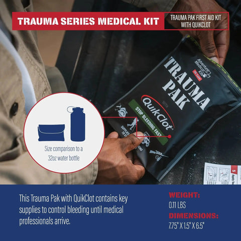 Person holding Trauma Pak First Aid Kit with QuikClot, showing size comparison with water bottle for quick bleed control.