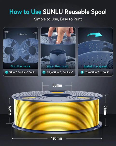 Assembly instructions for SUNLU reusable spool with measurements and steps shown for Silk Silver PLA Filament 1.75mm 1Kg For Glossy Smooth Silk Finish.