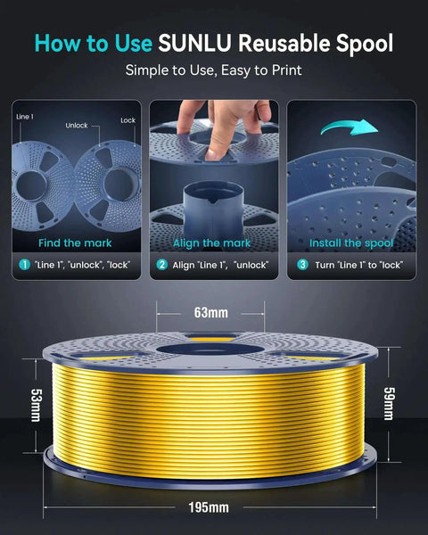Silk PLA Filament 1.75mm For 3D Printers, Ultra Gloss Silk Finish, assembly guide and spool dimensions.