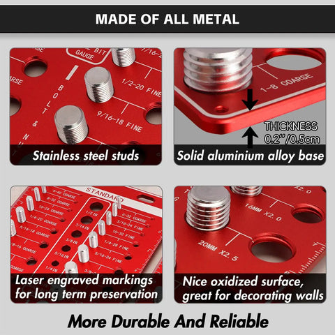 Close-up of 48 Thread Checker For Imperial And Metric Threads With 24 Standard And 24 Metric Sizes And 12 Drill Bit Gauge Pro, showing all-metal construction and laser-engraved markings.