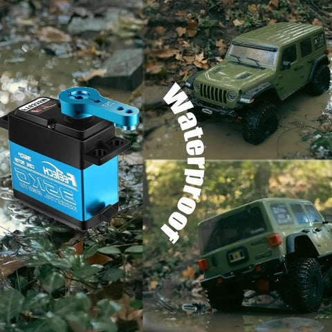 FEETECH FT6335M 35KG digital RC servo with blue aluminum horn and black housing beside an RC car