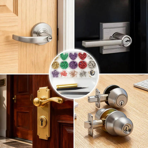 Universal Rekeying Kit For Schlage Locks All In One Pinning Kit displayed with various door knob styles and pin colors.
