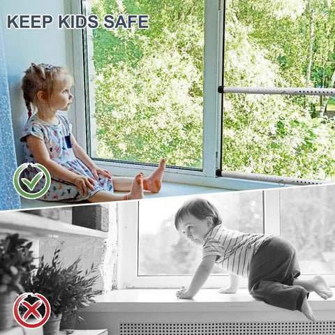 Sliding Door Security Bar 2 Pack Adjustable Locking Bar For Patio Doors And Windows Extends From 17.7 To 50.5 Inches shown installed on a window for child safety.