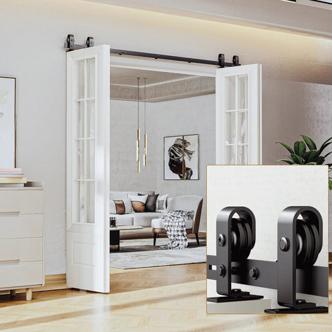 Heavy Duty Four Door Bifold Barn Door Hardware Kit With Black Track And Top Mounted Rollers For Smooth Bifold Sliding Doors Includes Rail Sections Rollers Hinges Floor Guides And Mounting Screws Door Not Included installed in room