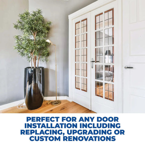 Interior view with double glass-paneled doors next to a tall plant. Text states suitability for replacing, upgrading, or renovations.