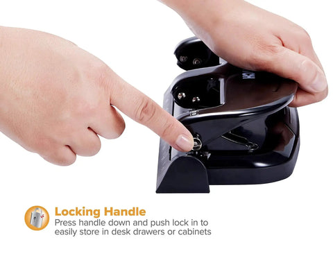 Close-up of hands using the locking handle on Ez Squeeze 20 Sheet 3 Hole Punch For Standard Office Paper With Metal Construction