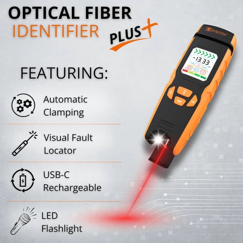 Sysotek optical fiber identifier in orange with display, red laser, USB-C rechargeable, auto-clamping, fault locator