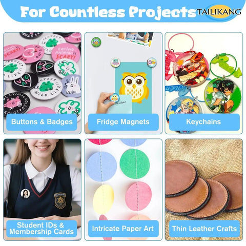 Collage showcasing projects using Heavy Duty Manual Lever Circle Punch And Button Cutter, including badges, magnets, keychains.