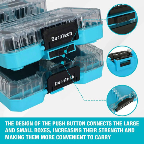 Stacked three piece small parts organizer case with 14 compartments and removable dividers, portable hardware box with clear lids