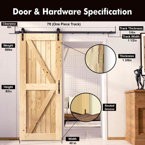 Image showing specifications for Heavy Duty Black Sliding Barn Door Hardware Kit For 40 Inch By 80 Inch Single Door With 7 Foot Flat Track.