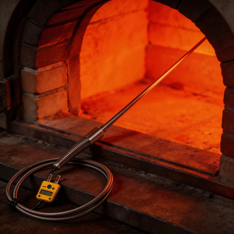 K-type thermocouple probe, 6in length, 0.06in tip, 40in braided cable for kiln oven.