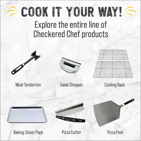 Various Checkered Chef products including a meat tenderizer, salad chopper, cooling rack, baking sheet pack, pizza cutter, and pizza peel.