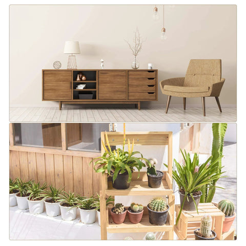 Wooden furniture with shelves and chair indoors, decorative plants outside on wooden shelf