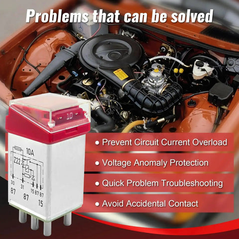 Mercedes Overload Protection Relay With Real Time Current Monitoring next to a car engine, highlights problem-solving features.