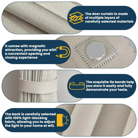 Close-up of cream white 100 Percent Blackout Accordion Door Curtain For Sliding Glass Doors, featuring magnetic panels and tie bands.