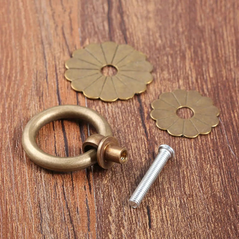 Vintage Style Brass Ring Pulls For Cabinets And Drawers, Round Cabinet Knobs And Drawer Handles For Dresser Kitchen Cupboard And Closet Doors, Antique Brass Finish With Screws, Durable Solid Brass Hardware image showing disassembled parts.