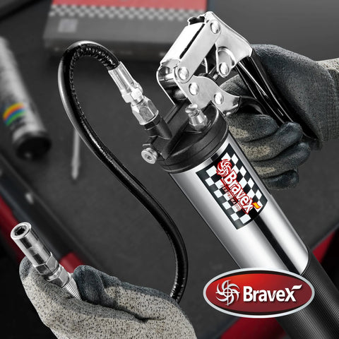 Pistol grip grease gun, Bravex heavy duty chrome body with 18-inch flex hose, 6000 PSI