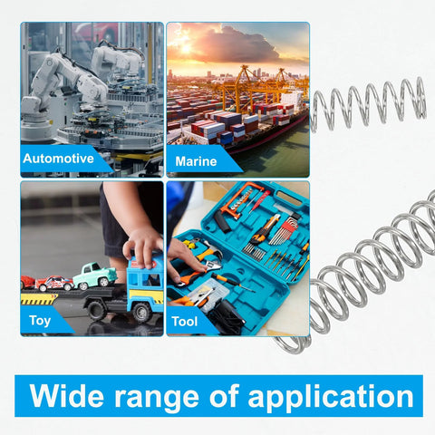 PATIKIL compression spring, 0.8mm wire, 10mm OD, 305mm long, 304 stainless steel; automotive, marine, toy, tool collage