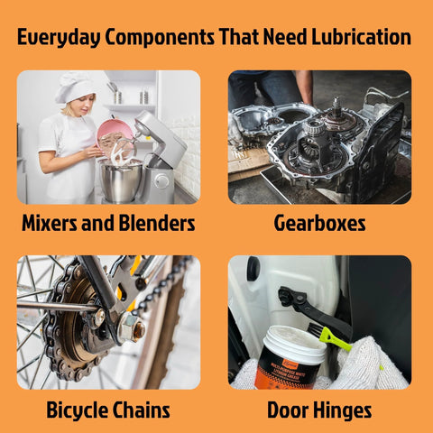 Multi-purpose white lithium grease collage showing four uses: mixers, gearboxes, bicycle chains, and door hinges.