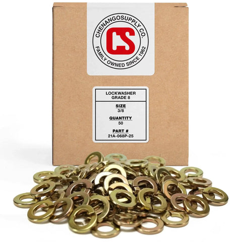Split lock washers, 3/8 in, Grade 8 alloy steel, yellow zinc chromate finish, 50 pcs in Chenango Supply Co. box