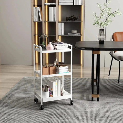 3-Tier Metal Utility Rolling Cart With Lockable Casters For Kitchen Office And Bathroom Storage White in modern home office