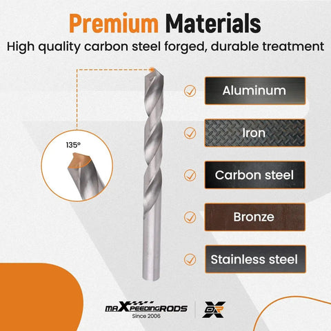 Close-up of a carbon steel drill bit with premium material labels including aluminum, iron, carbon steel, bronze, and stainless steel.