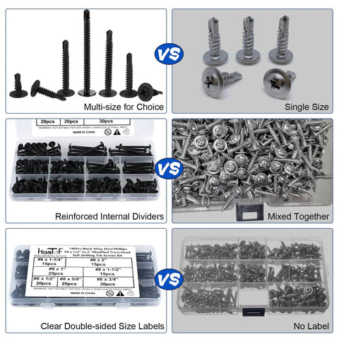 Pro Grade Self Drilling Screws Kit For Metal And Sheet Metal 140 Pcs Black TEK vs similar products comparison