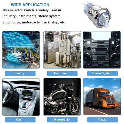 Applications of 22mm Latching Selector Rotary Switch shown in industry, automotive, stereo systems, and industrial panels environments.